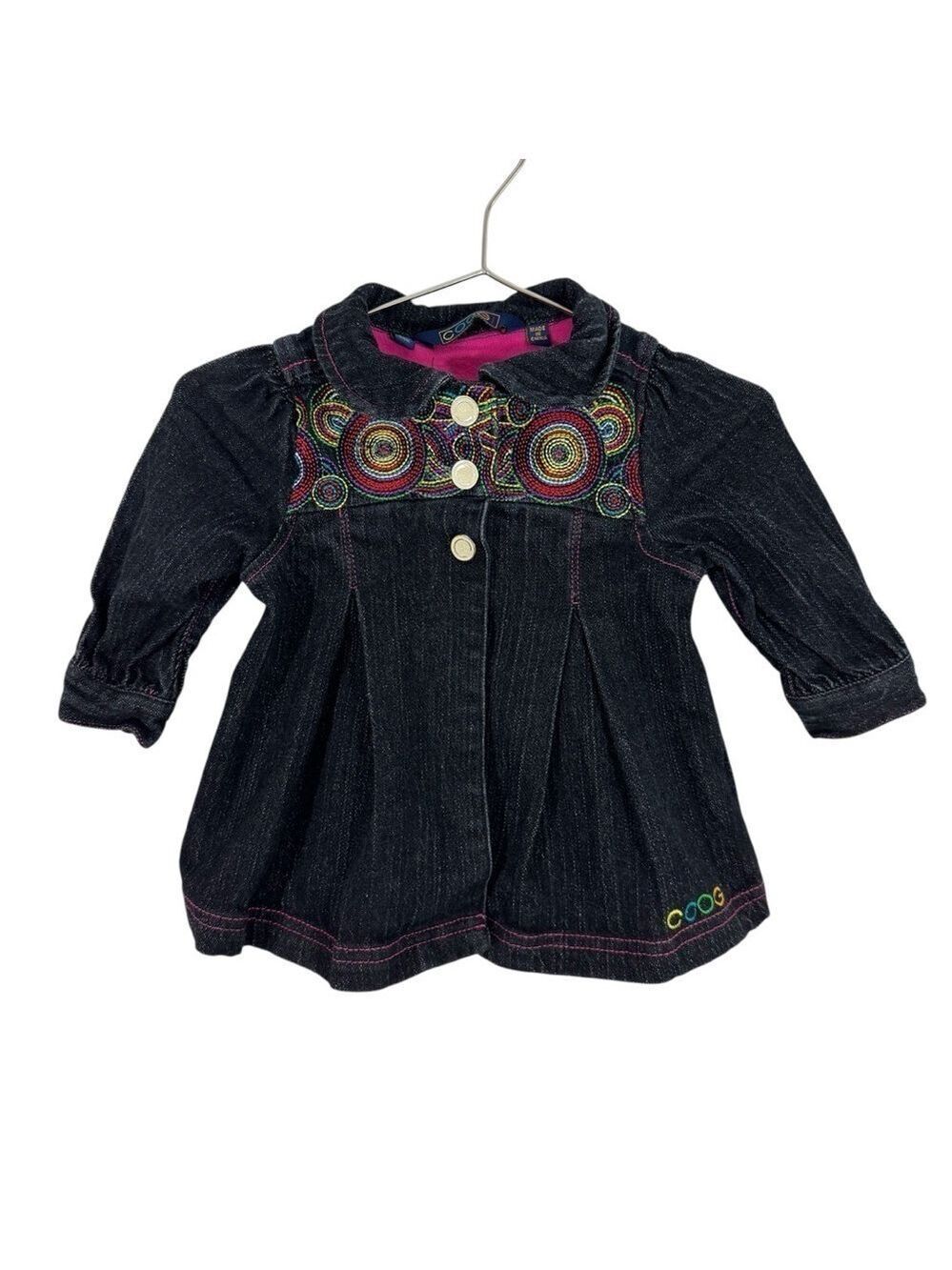 Coogi Baby Denim Dress Sz 6-9 Mos Dark Wash Snap Front Jacket Colourful Cute EUC